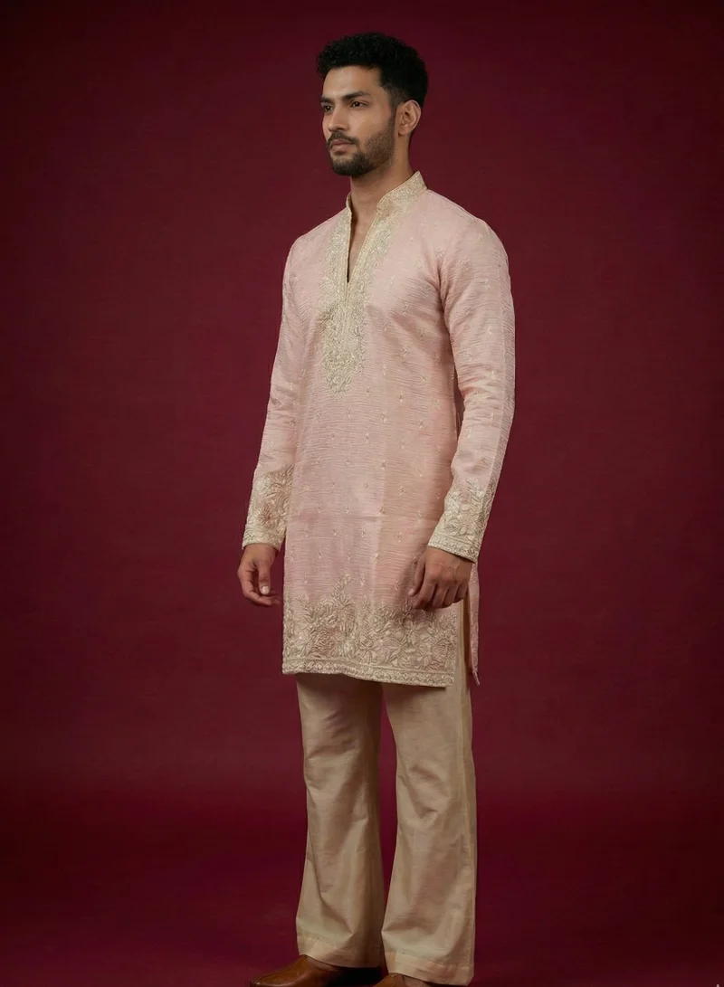 Lehar Men's Pastel Pink Silk Blend Kurta Set with Elegant Tonal Zari Embroidery